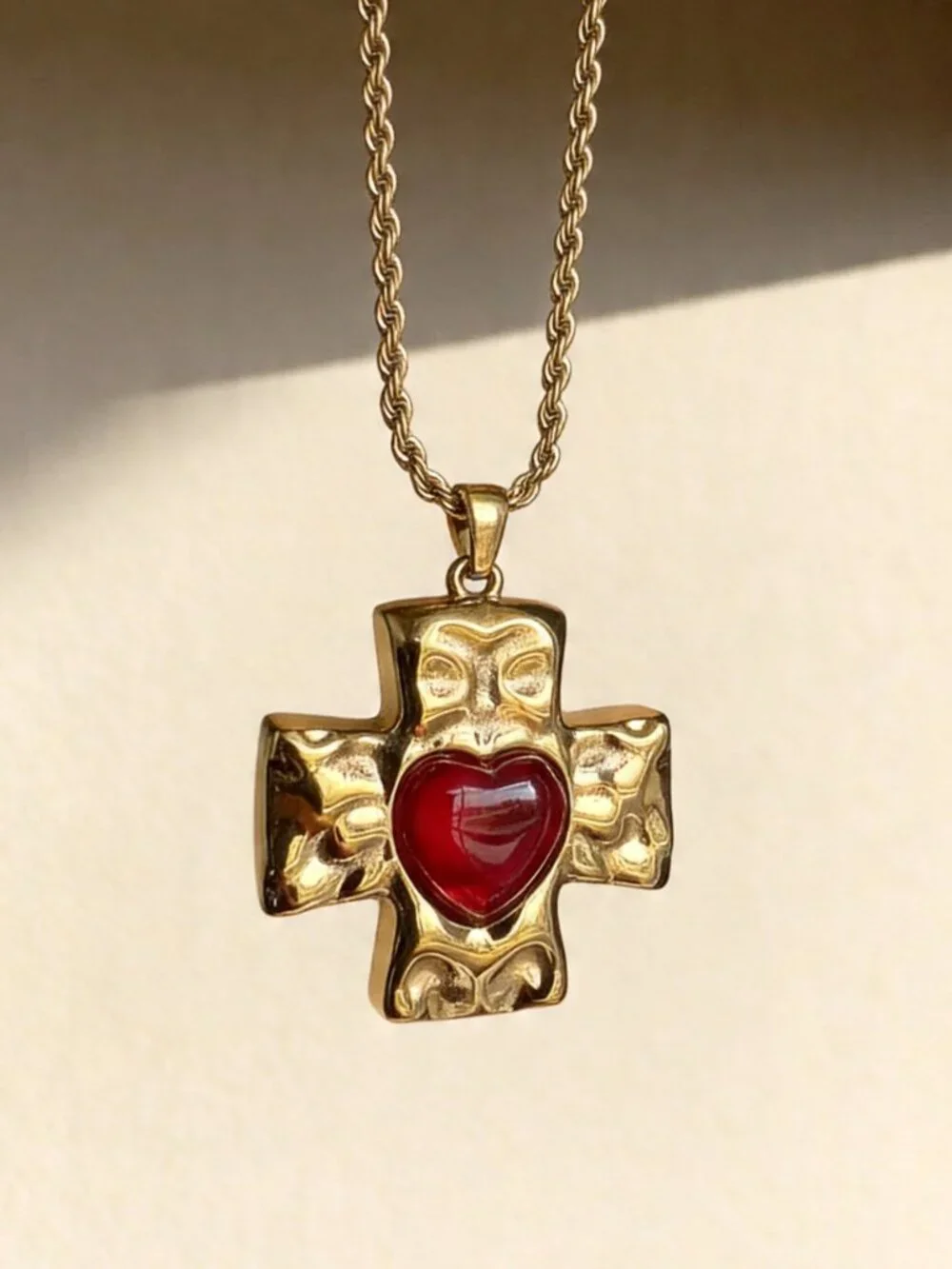 Gold Cross Heart Pendant Stainless Steel Vintage Style Necklace - Picture 6 of 12